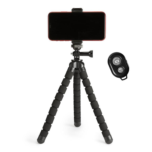 Amazon Basics Portable and Flexible Tripod with Wireless Remote and Smartphone Clamp, 10-inch long, Black