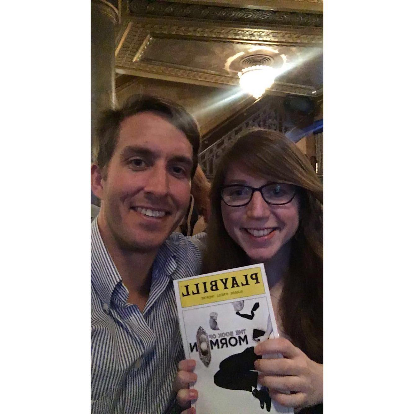At the Book of Mormon for our 1-year anniversary on May 12, 2018.