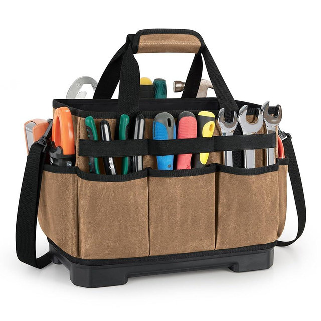 Marscamd Waxed Canvas Tool Bag with Hard Bottom and 8 Pockets, Large Tool Tote with Shoulder Strap for Tools & Gardening, Khaki