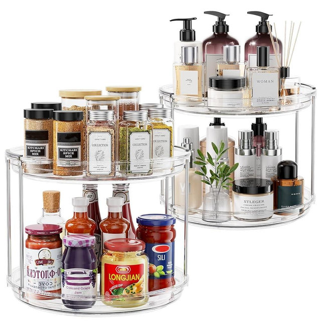 Pantasia 2 Pack 2 Tier Lazy Susan Turntable Organizer 9.25 inch, Rotating Spice Rack Organization for Cabinet, Bathroom, Pantry, Countertop, Kitchen, Vanity, Medicine Cabinet Organizer, Clear