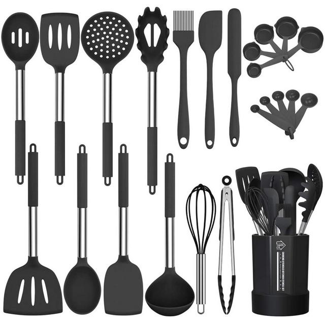 Silicone Cooking Utensil Set, Fungun Non-stick Kitchen Utensil 24 Pcs Cooking Utensils Set, Heat Resistant Cookware, Silicone Kitchen Tools Gift with Stainless Steel Handle (Blue-24pcs)