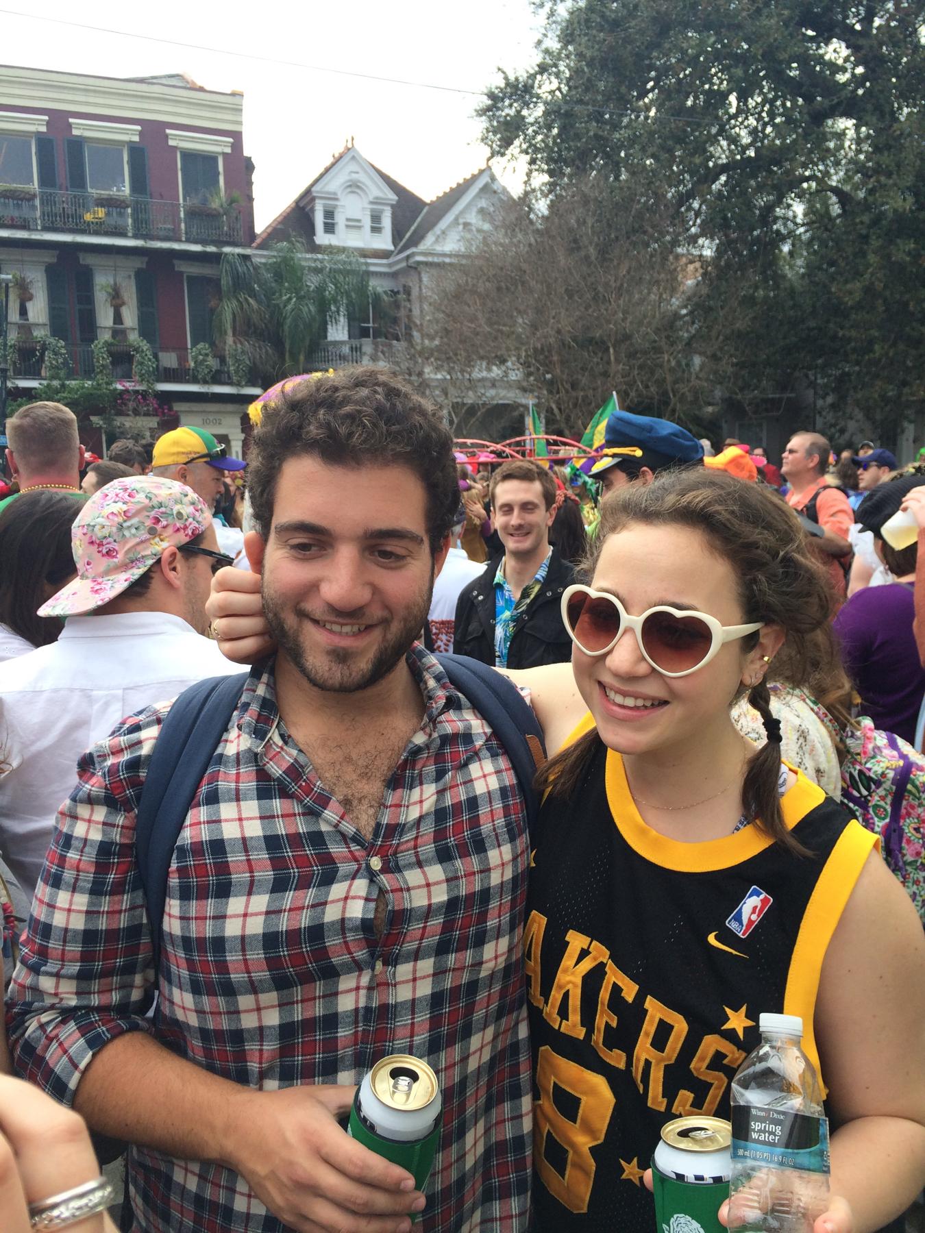 Mardi Gras 2015. Yes, Grace was wearing a Saints colored Lakers jersey.