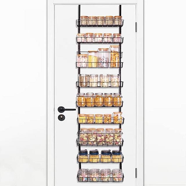 Over the Door Pantry Organizer Rack with 9 Adjustable Baskets, 9 Tiers Dual-use Spice Rack- Hanging or Wall Mount Spice Rack, Churboro Pantry Door Organizer, Black