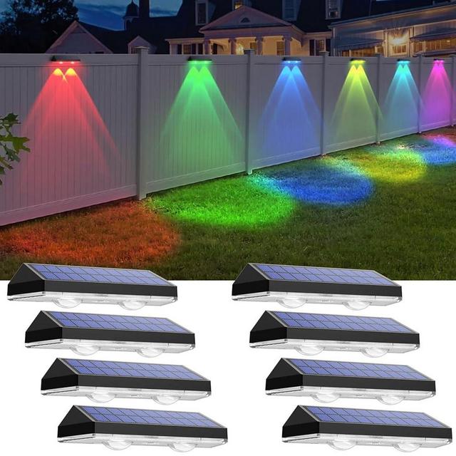 Solar Fence Lights Outdoor - Warm White & RGB 6 Color, Dusk to Dawn Solar Deck Light, Solar Lights Outdoor IP65 Waterproof, Solar Garden Lights for Outside/Backyard/Railing/Step/Patio/Wall (8 pack)