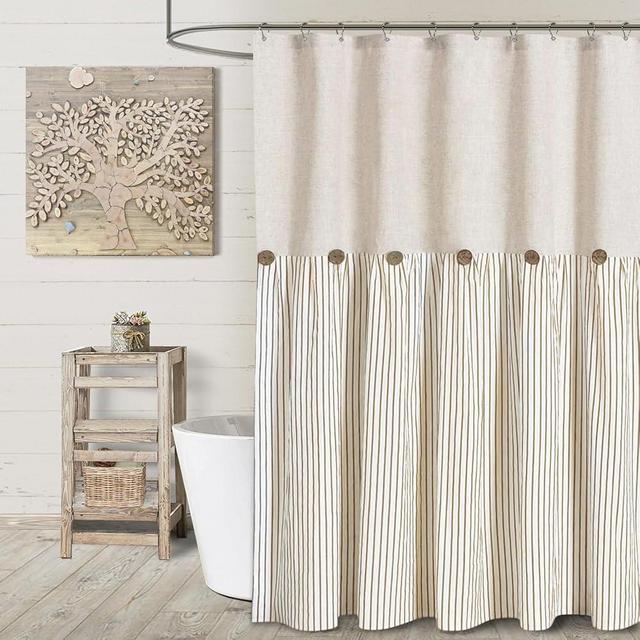 Awellife Linen Button Farmhouse Beige Shower Curtain,Linen and Cotton Woven Fabric,Pleated Beige Stripe,Country Style,72x72 Inch