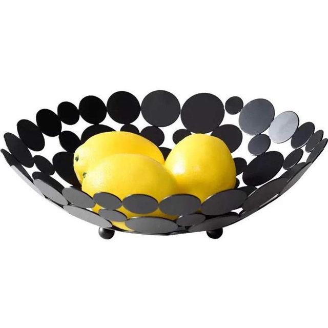 Metal Creative Countertop Fruit Basket Bowl, Large Round Black Decorative Table Centerpiece Holder Stand for Fruit Vegetable, Bread, Candy and Other Household Items, 11.6 Inch (Black)