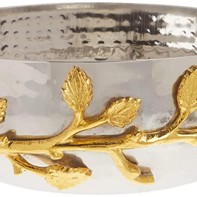 Elegance Golden Vine Hammered Stainless Steel Salad Bowl, 6.5-Inch, Silver/Gold (70031)