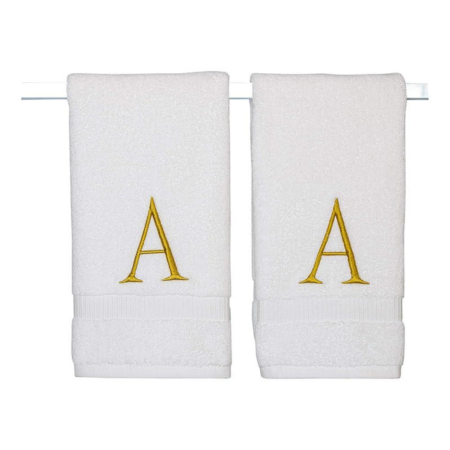 Monogrammed Hand Towels for Bathroom - Luxury Hotel Quality Personalized Initial Decorative Embroidered Bath Towel for Powder Room, Spa - GOTS Organic Certified - Set of 2 Gold Letter A