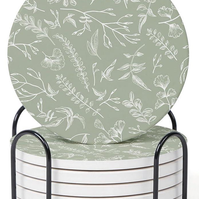 Hoomey Set of 6 Floral Sage Green Coasters with Holder, Absorbent Ceramic Drink Coasters with Cork Backing for Table Protection, Coffee Table Décor