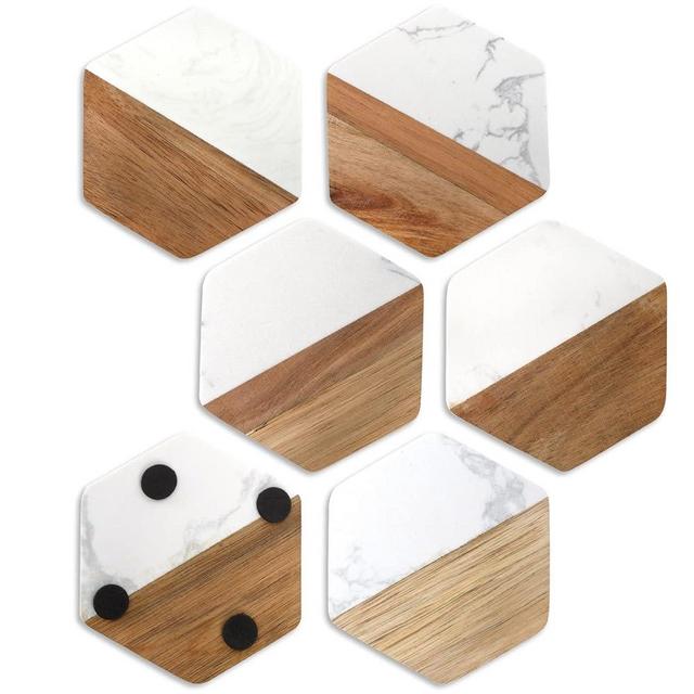ZENFUN Set of 6 Marble Wood Coasters, Hexagon Geometric Coasters, Handcrafted Marble Coasters Set for Your Drinks and Beverages, Tea, Coffee, Wine/Bar Glasses, Tabletop Protection Helper