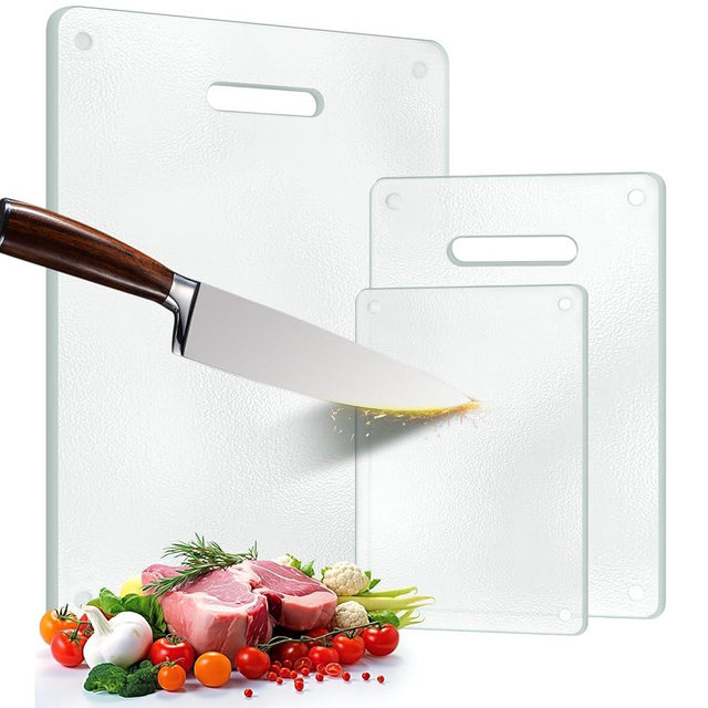 3 Pack Glass Cutting Boards for Kitchen Counter, Clear Tempered Glass Cutting Board Set with Handle (16"x12" & 12"x8" & 9"x6"), Scratch Resistant, Dishwasher Safe, Non-toxic, Easy to Clean