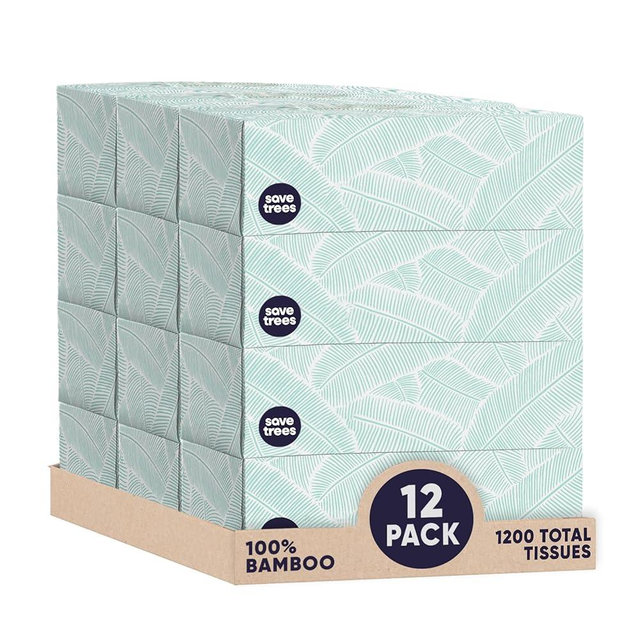 Save Trees Bamboo Facial Tissues - 12 Boxes of Eco-Friendly, 3-Ply Hypoallergenic Tissues, 90 Sheets per Box, FSC Certified, Plastic-Free Packaging, Soft & Gentle for Home Use