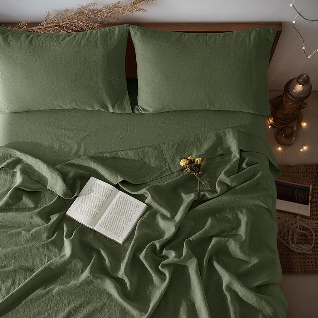 LBR02M 100% Linen Sheet Set 16" Deep Pocket Queen Size,Bed Sheets 4 Piece Sets,Solid Color Natural Flax Bed Sheets Soft Breathable Bedding, All Season (Queen, Olive Green)