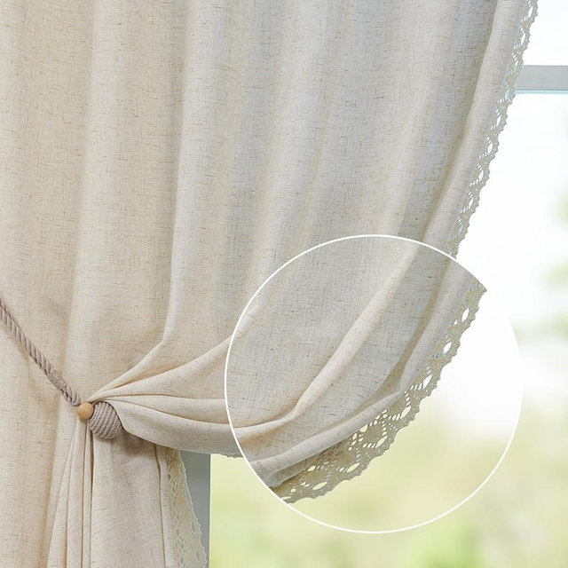 jinchan Linen Curtains for Living Room Bedroom Light Filtering Semi Sheer Curtains Boho Farmhouse French Country Cottage Core Decor Window Drapes Back Tab 63 Inch Length Laced Beige