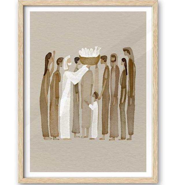 iHery Natural OAK Wood Jesus Feeds Framed Wall Art, Large 16x20 in 5 Bread and 2 Fish Christian Bible Canvas Art, Modern Sketch Scripture Bedroom Decor, Beige Boho Set of 1 For Living Room