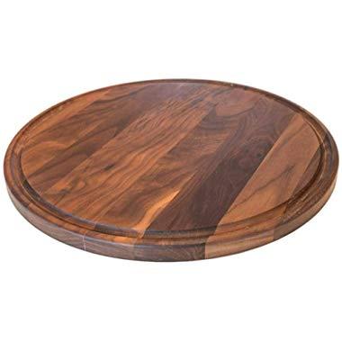 Round Wood Cutting Board by Virginia Boys Kitchens - 13.5 Inch American Walnut Cheese Serving Tray and Charcuterie Platter with Juice Drip Groove