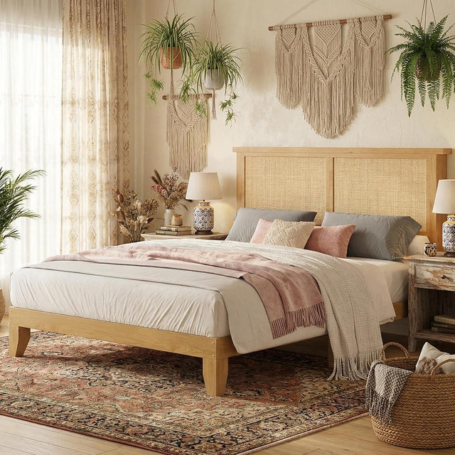 IDEALHOUSE Rattan Bed Frame Full Size with Natural Rattan Headboard & LED Lights, Wood Full Bed Frame with Solid Wood Foundation, No Box Spring Needed, Natural