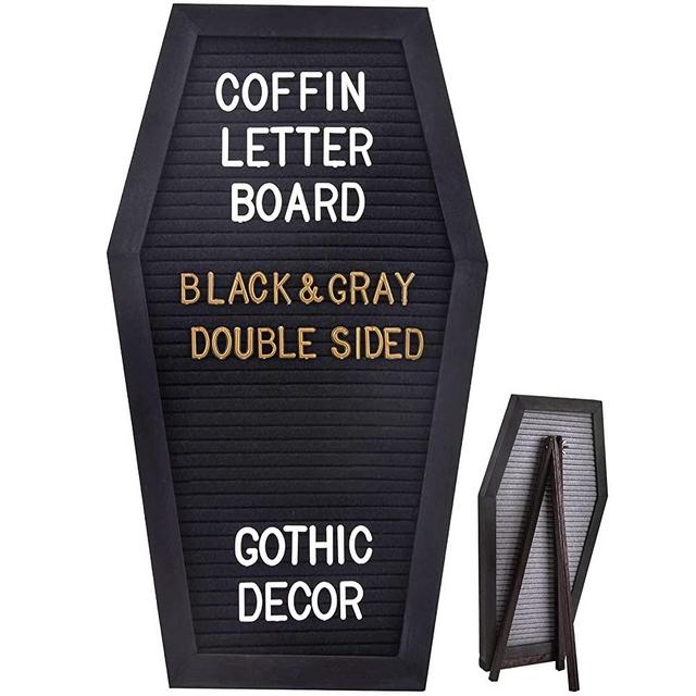 SOLEJAZZ Coffin Letter Board, Gothic Decor Message Board with 730 Precut White & Gold Characters, Creepy & Spooky Decor Letterboard for Home, Wall & Tabletop Display, Black
