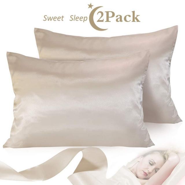 Leccod 2 Pack Silk Satin Pillowcase for Hair and Skin Cool Super Soft and Luxury Pillow Cases Covers with Envelope Closure (Beige, Standard: 20x26)