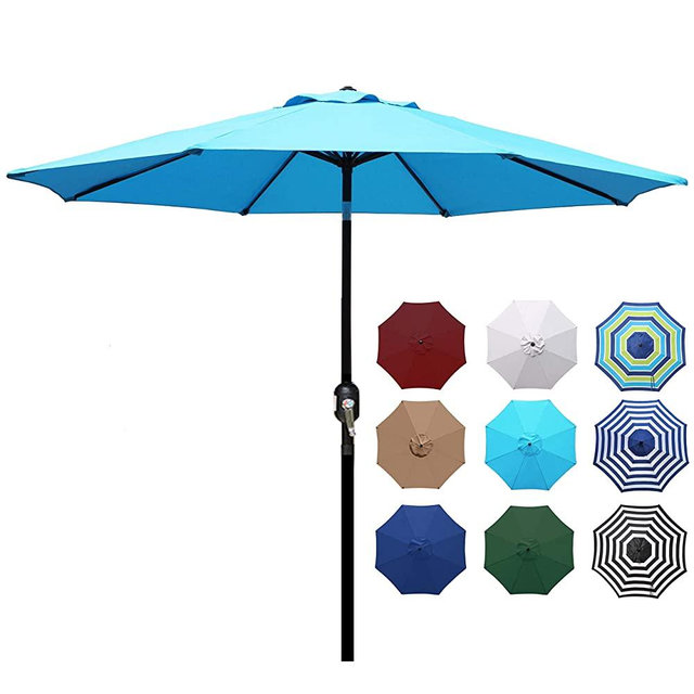Blissun 9' Outdoor Aluminum Patio Umbrella, Market Striped Umbrella with Push Button Tilt and Crank (Light Blue)
