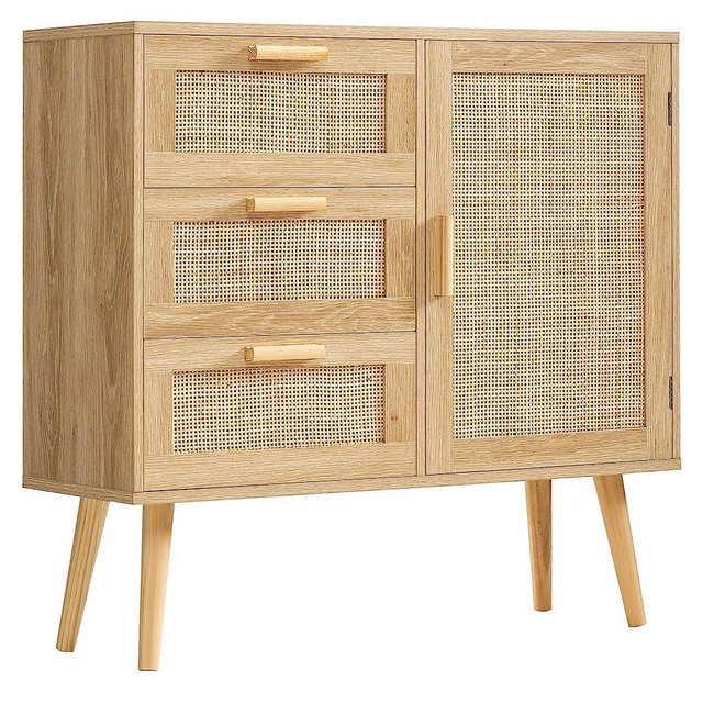 Iwell Storage Cabinet with Natural Rattan Door & 3 Drawers, Adjustable Shelf, Rattan Cabinet, Accent Cabinet for Living Room, Bedroom, Home Office, Natural