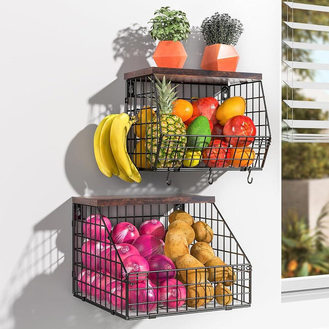 Fruit and Vegetable storage, 2 Set Wall Mounted Wire Baskets, Fruit Basket for Kitchen Counter, Hanging Fruit Basket, Potato Onion Basket, Wire Basket for Organizing, Countertop Organization Pantry
