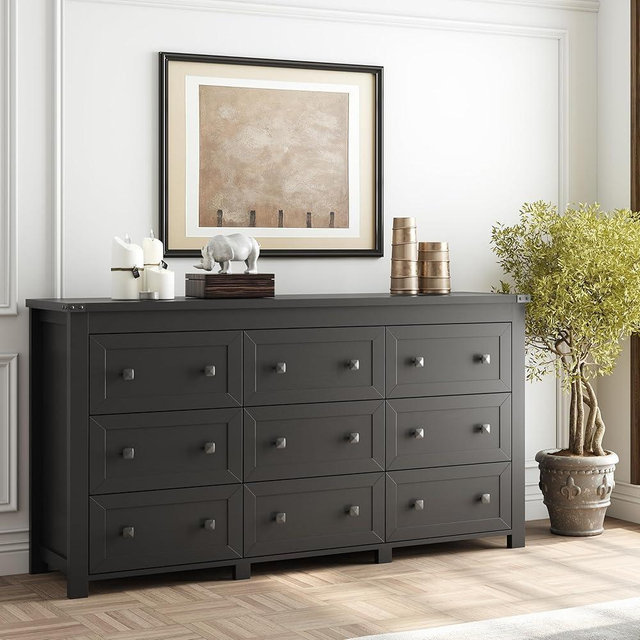 Boonatu Dresser for Bedroom with 9 Drawers, Wood Dressers Chest of Drawers with Metal Handles, Modern Bedroom Dresser with Drawers for Closet Hallway, Living Room, Black