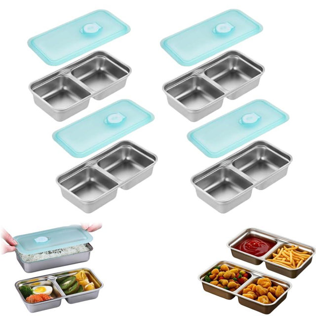 Stainless Steel Grab and Go Snack Containers Reusable with Lids, 2/4 Pcs Double Compartment Snack Containers, Dishwasher- Reusable Condiment Box for Snacks Dips and Outdoor Camping (Double Grid-4pcs)