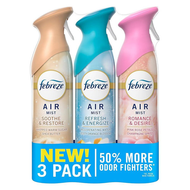 Febreze Air Mist, Air Freshener, Odor Fighting Room Spray, Deodorizer for Home Bathroom Kitchen Office Apartment, Soothe & Restore, Refresh & Energize, Romance & Desire Variety Pack, 8.1oz (Pack of 3)