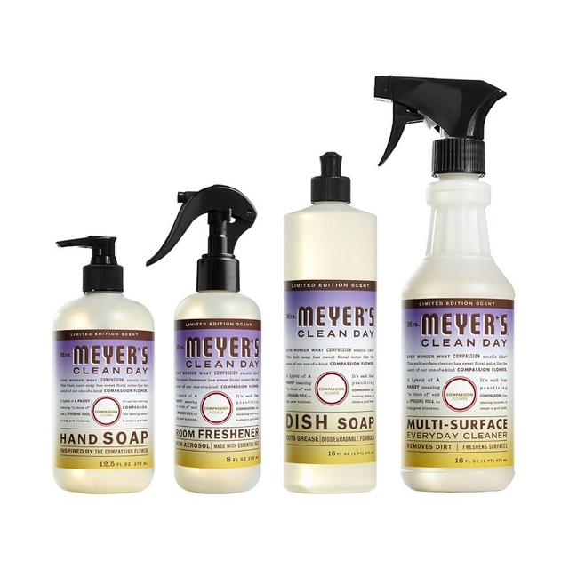 MRS. MEYER'S CLEAN DAY Compassion Flower 4 Pack Variety, Liquid Hand Soap 12.5 OZ, Liquid Dish Soap 16 OZ, Multi-Surface Everyday Cleaner 16 OZ, Room Freshener 8 OZ, 1 CT