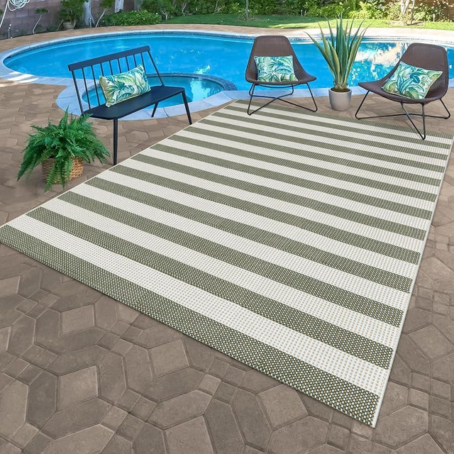 LEEVAN Outdoor Patio Rug 5x7 Striped Porch Mat, Washable Spring Balcony Rug Green and White Backyard Rug, Plaid Outside Entrance Floor Mat, Indoor/Outdoor Layered Mat for Deck/Pool/Camping/RV