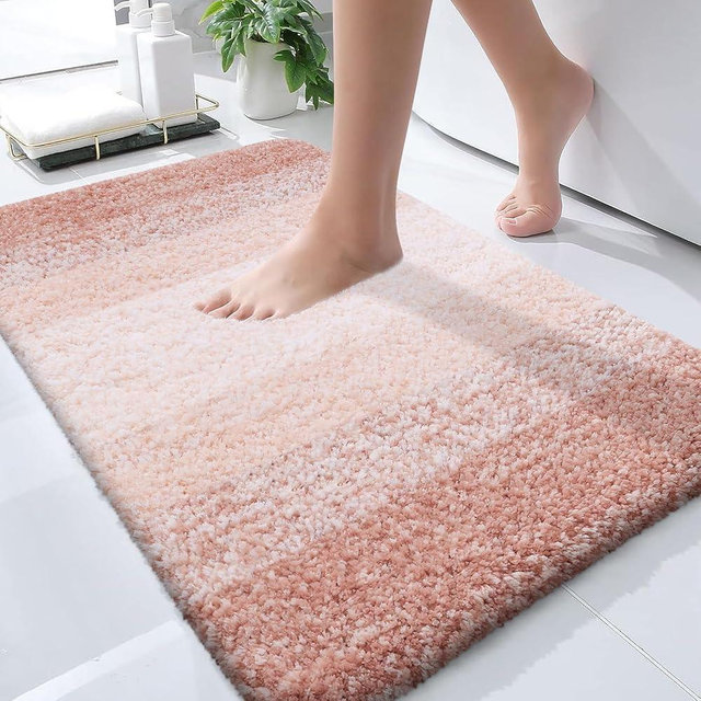 OLANLY Bathroom Rug Mat 30x20, Extra Soft and Absorbent Microfiber Bath Rugs, Non-Slip Plush Shaggy Bath Carpet, Machine Wash Dry, Bath Mats for Bathroom Floor, Tub and Shower, Peach