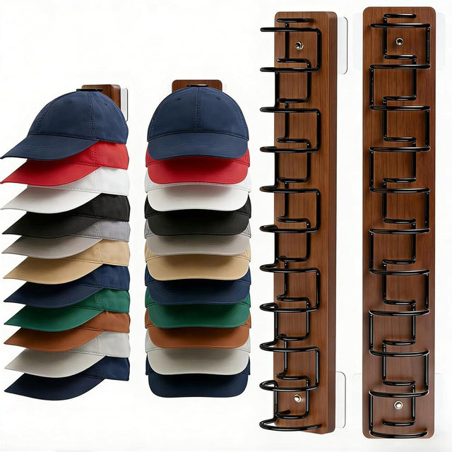 FDIDC 2 Pack Hat Organizer for Baseball Caps, Wood & Metal Hat Rack for Wall, Hat Storage for 22 Caps with Strong Adhesive/Wall Drilled for Door, Wall and Closet (Brown)