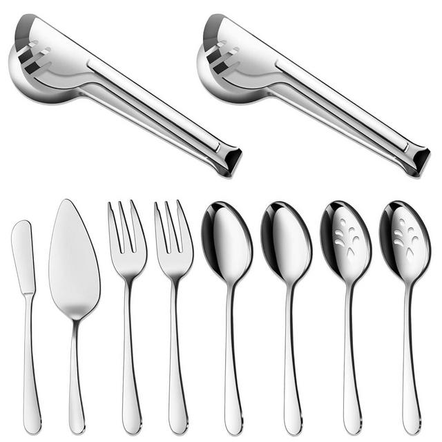 BEWOS Serving Utensils, 10-Piece Large Serving set, Serving Spoons, Slotted Spoons, Serving Tongs & Forks, Cake Server, Butter Knife, Stainless Steel Serving Utensils Set for Parties, Dishwasher Safe