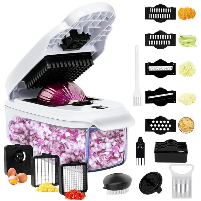 AISHUJIE Veggie Chopper –10 in 1 Onion Chopper · Vegetable Chopper with Container · Pepper Chopper · Vegetable Slicer – Kitchen Gadget & Home Essentials (White & Black)