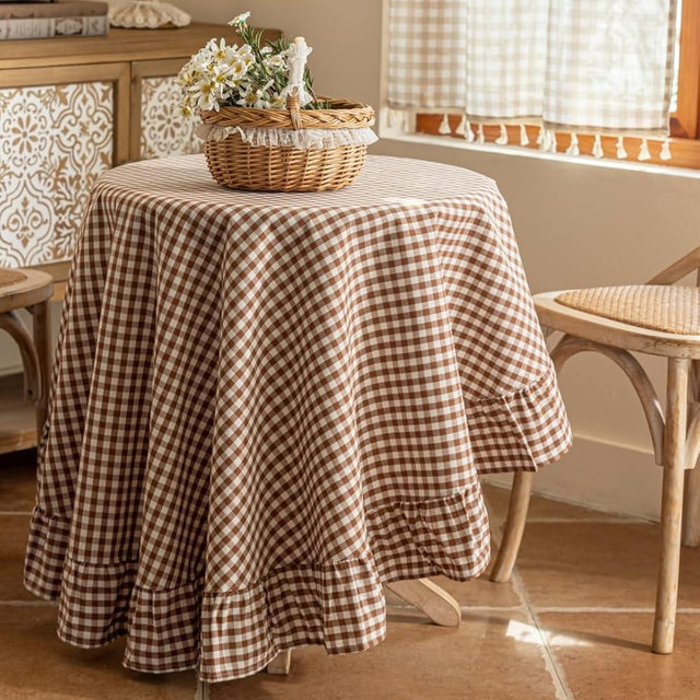 Numney Coffee Plaid Ruffled Table Cover Linen 60Inch Round Gingham Tablecloth Classic Farmhouse Vintage Checkered Table Cover Decorative Buffalo Plaid for Home Holiday Party 60"(Round)