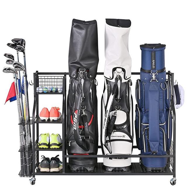 Mythinglogic 3 Golf Bags Storage Organizer-Extra Large Size Fits 3 Full Size Golf Bags,Golf Organizer for Golf Equipment and Accessories, Golf Club Storage Rack with Lockable Wheels