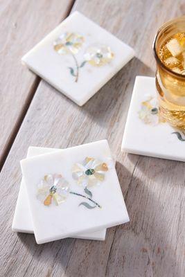 Floral Inlay Marble Coasters, Set of 4