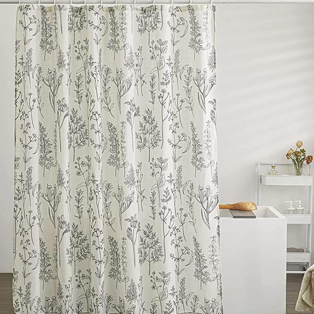 Estmy Vintage Botanical Linen Shower Curtain for Bathroom in Black and Ivory, Heavy Duty 180GSM Textured Fabric Shower Curtain Set Cute Plant Leaves Design, Modern Farmhosue Boho Floral Bathroom Decor