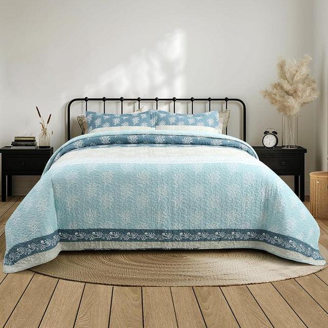 UYOF Quilt Set King Size - King Quilts Bedding Set, 100% Cotton Reversible Luxury Comforter Set, Farmhouse Floral Boho Striped Patchwork Bedspreads Set with Shams for All Season - Blue