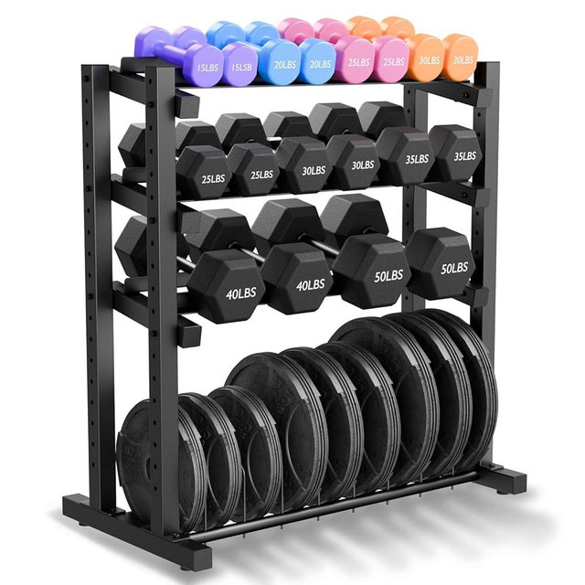 Upgraded 4-Tier Dumbbell Rack, 1100LBS Weight Rack for Home Gym, Barbell Holder Bumper Plate Storage Rack with Adjustable Height & Width Design, Heavy Duty Weight Storage Organizer (Rack Only)