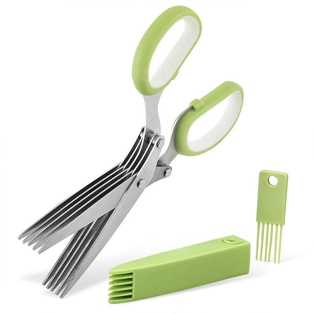 SimpleKitchen Gourmet Herb Scissors Set Multipurpose Cutting Shears with Stainless Steel 5 Blades, Herb Stripper, Safety Cover Cleaning Comb for Cutting Cilantro Onion Salad (Green)