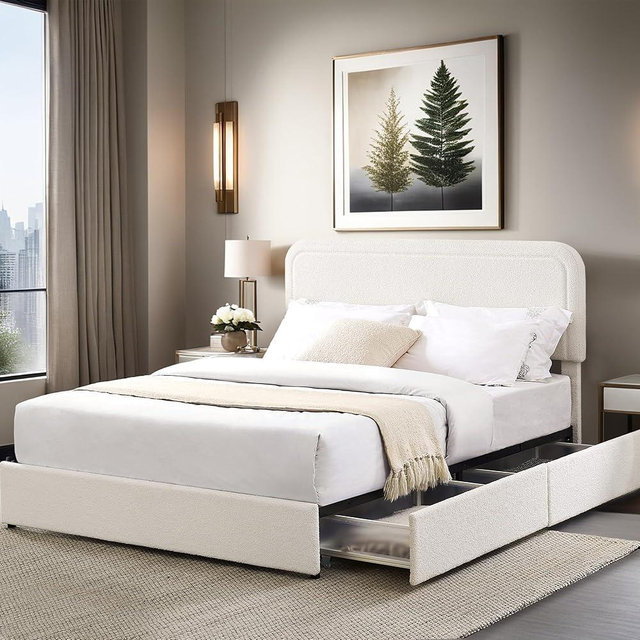 Queen Size Upholstered Bed Frame with 4 Storage Drawers, Tufted Headboard Platform Bed, and Wooden Slat Support (HI464Q4-BOUCLE)