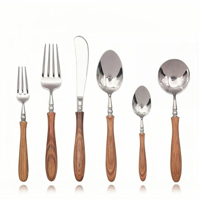 Yoho&mo Elegant Wood Handle Silverware Set - Premium PearWood Handle & 304 Stainless Steel Flatware Set for 1 - Wood Cutlery Set Perfect for Home Kitchen Dining & Special Occasions (1 Set-6 Piece)