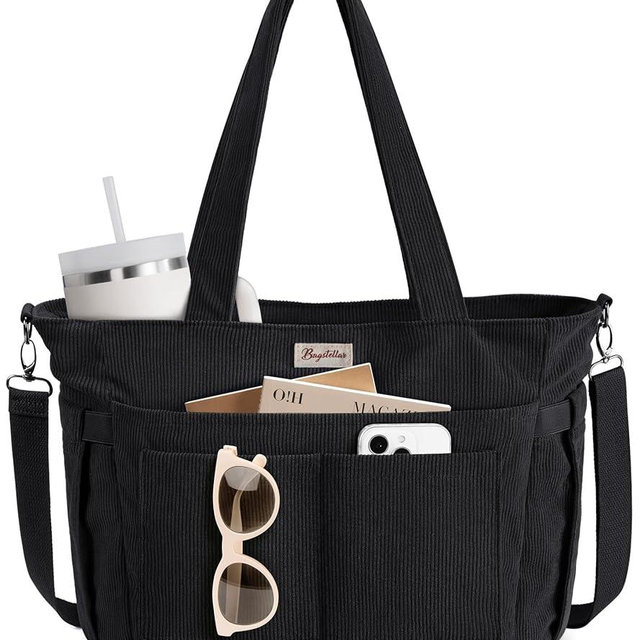 Bagstellar Corduroy Tote Bag for Women, 17 Pockets Laptop Work Tote Bag Lightweight Teacher Nurse Bible Bag for School Travel | with 40oz Cup Holder, Multi Compartment, Zipper Crossbody Bag, College Shoulder Bag, Daily Purse w/ Strap, Ideal Gift for Women