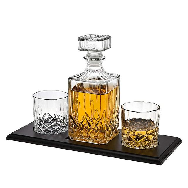 Whiskey Decanter and Glasses Barware Set, for Liquor Scotch Bourbon Wine or Vodka - Includes 2 Whisky Glasses on Wooden Display Tray