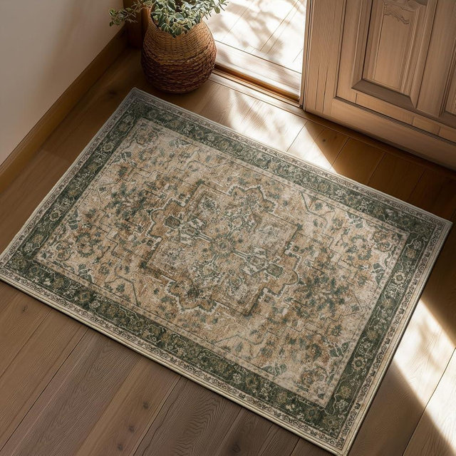 Jainmy Vintage Distressed 2x3 Kitchen Rugs Washable Non Slip, Moody Medallion Door Mat Indoor Entrance Entryway, Small Low Pile Rugs for Bedroom/Bathroom Vanity/Laundry Room, Multi Brown/Green