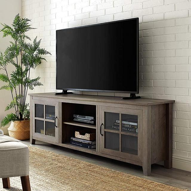Walker Edison Furniture Company Modern Farmhouse Glass and Wood Stand with Cabinet Doors for TV's up to 80" Living Room Storage Shelves Entertainment Center, 70 Inch, Grey Wash