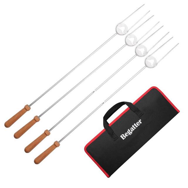 Begatter Heavy Duty Hot Dog Roasting Sticks for Campfire, Extendable Marshmallow Sticks for Fire Pit, 32" Long Smores Sticks, Stainless Steel Skewers for Hotdogs and Smores, Beech Wood Handle, 4 Pack