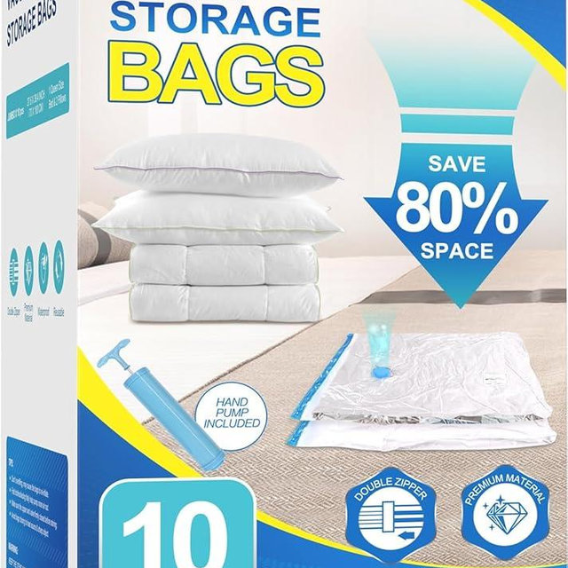 Fygrip 10 Pack Jumbo Vacuum Storage Bags with Hand Pump, Plastic Packaging Bags, 80% Space Saver Vacuum Seal Bags for Clothing, Travel Lugggage, Blankets, Comforters
